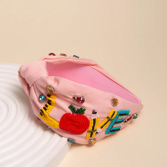 LOVE Teacher Top Knot Headband-Pink